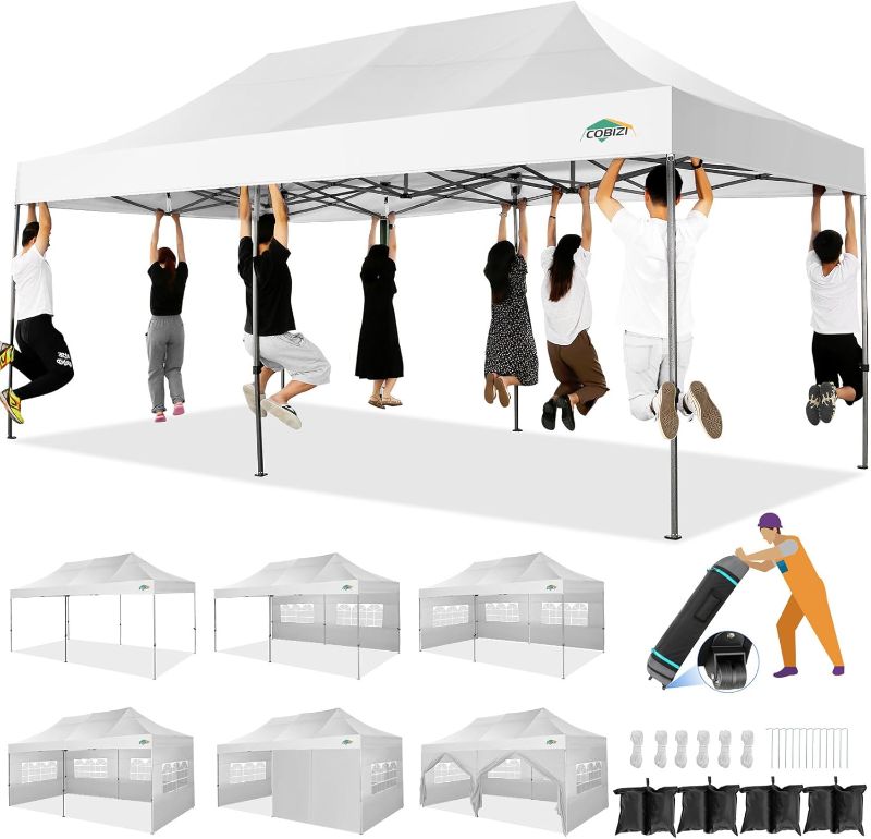 Photo 1 of ** MISSING LEGS, For Parts Only *******
COBIZI 10x20 Heavy Duty Pop up Canopy Tent with 6 sidewalls Easy Up Commercial Outdoor Wedding Party Tents for Parties All Season Wind & Waterproof Gazebo Roller Bag,White(Frame Thickened)