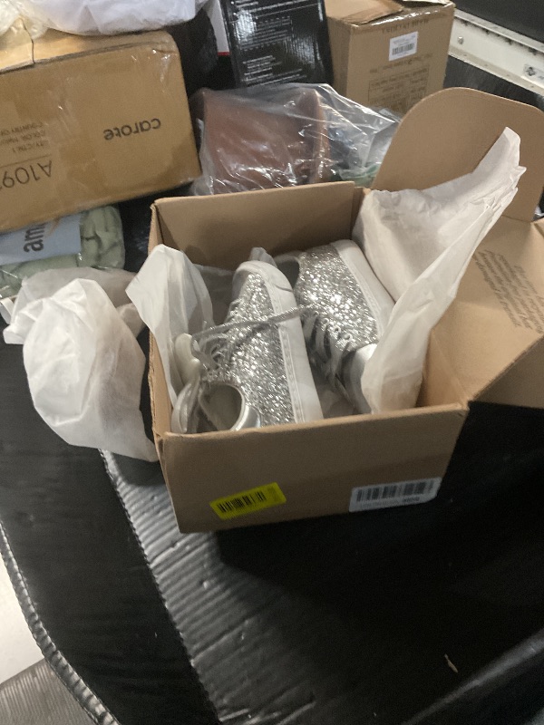 Photo 1 of (used) AISFAES Glitter Sneakers Sparkly Low Top Sequins Sneakers Lace Up Tennis Shoes (Silver Glitter,8 Women/6.5 Men)