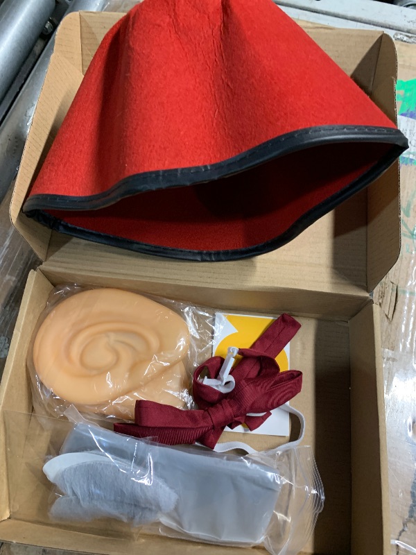 Photo 1 of ***(SMASHED HAT/ MINOR DAMAGE)***tian 8 Pcs Halloween Old Man Costumes Accessories, Red Fez Hat, Gray Beard Eyebrow, Black Square Glasses, Fake Ears, Long Silk Bow Tie for Halloween Men Cosplay Dress up