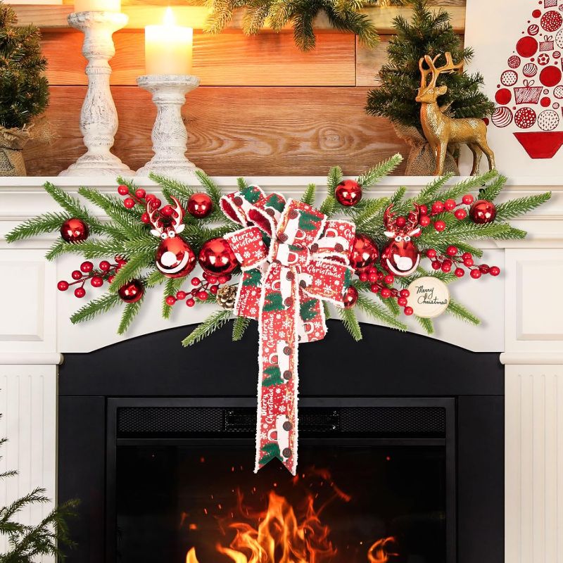 Photo 1 of *****phot stock for reference *****Topotdor Christmas Pine Swag with Ribbon Bow for Front Door, 25.6" Artificial Greenery Wreath with Pine Cones & Red Berries for Indoor Outdoor Window Wall Home Holiday Decor