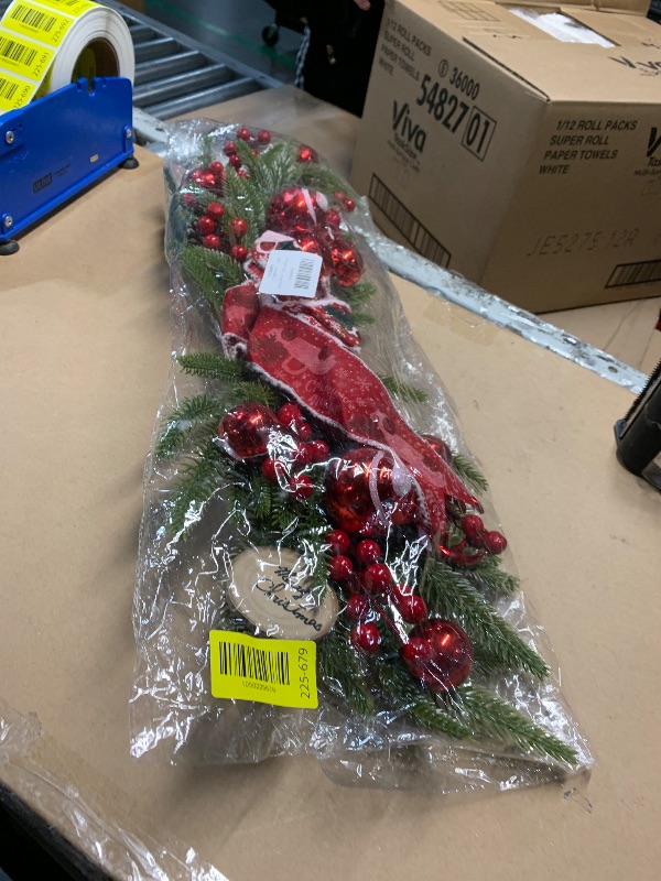 Photo 1 of *****photo stock for reference *****Topotdor Christmas Pine Swag with Ribbon Bow for Front Door, 25.6" Artificial Greenery Wreath with Pine Cones & Red Berries for Indoor Outdoor Window Wall Home Holiday Decor