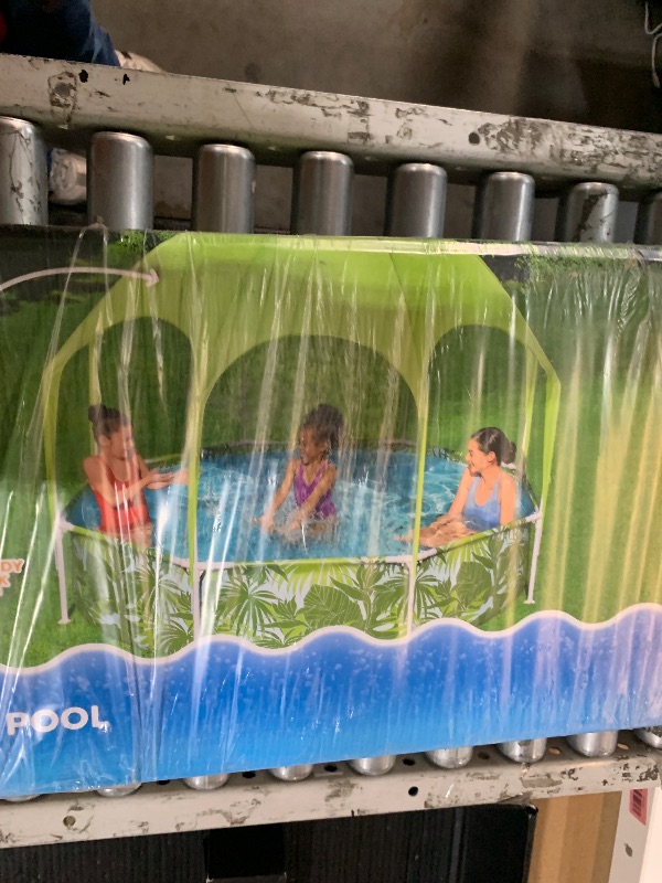 Photo 1 of ***FACTORY SEALED***
H2OGO! Kids Splash-in-Shade 8-Foot Round Steel Frame Above Ground Pool with Water Mister and Canopy Sunshade, Green Tropical Leaf Print