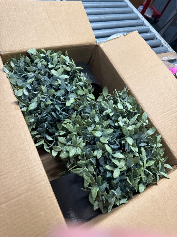 Photo 1 of (USED/FAIR) UNADRA Topiary Trees Artificial Outdoor for Front Porch Set of 2 Faux Shrub Plants (23" T,13" D) - Fake Boxwood Ball Shrubs Potted for Home Decor (2 Color-Mix)