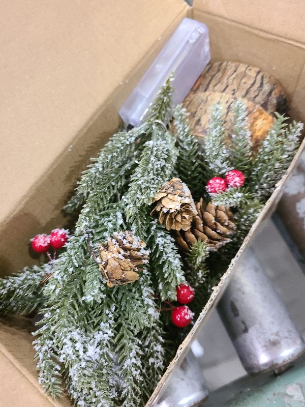 Photo 1 of 2 Pack Artificial Christmas Tabletop Mini Pine Trees, 6.5 in Tall Lighted Holiday Decorations with Wooden Base, Red Berries, Pine Cones Snowflake for Home Table Windowsill Office Desk Mantel