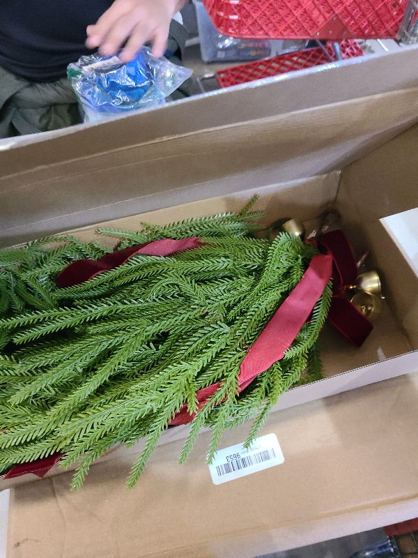 Photo 1 of 2 Pcs Christmas Teardrop Swag 24" Extra Norfolk Pine Swag with Bell Velvet Bow Teardrop Wreath for Rustic Door Window Mantle Fireplace Wall Indoor Outdoor Home Decor (red)