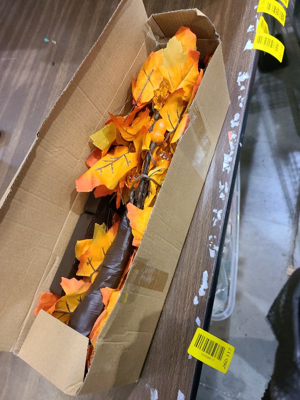 Photo 1 of 2 Pack 24 Inch Fall Maple Tree with 48LED Battery Operated Lighted Tabletop Artificial Tree with Pumpkin Acorn Maple Fall Centerpieces Indoor Fall Decorations for Home Office Thanksgiving Table Decor