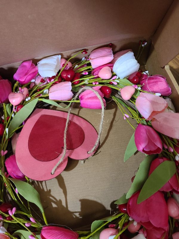 Photo 1 of 20 Inches Valentines Day Wreath Pink Valentine Wreath for Front Door Colorful Valentine Door Wreaths Tulip Wreaths for Yard Wedding Indoor Porch Wall Outside