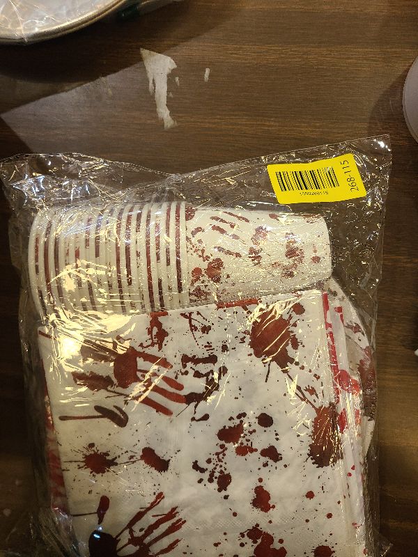 Photo 1 of 129 PCS Halloween Decoration Set Include Bloody Tableware, Disposable Paper Plates Napkins and Spooky Tablecloths for Zombie Themed Party Supplies, Serves Guests in Dinner Time