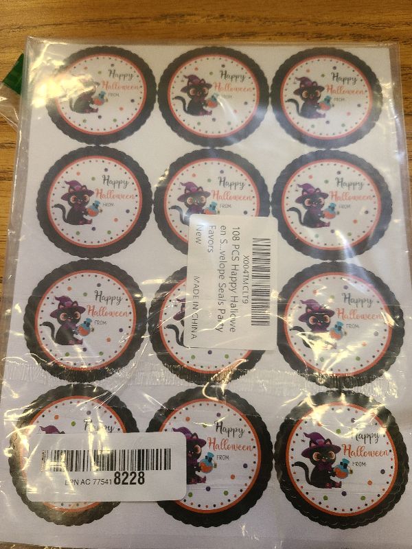 Photo 1 of 108 PCS Happy Halloween Stickers 2 Inch Self Adhesive Name Label Stickers Halloween Black Cat Design Round Spooky Name Tag Sticker for Gift Wrapping Candy Bags Envelope Seals Party Favors