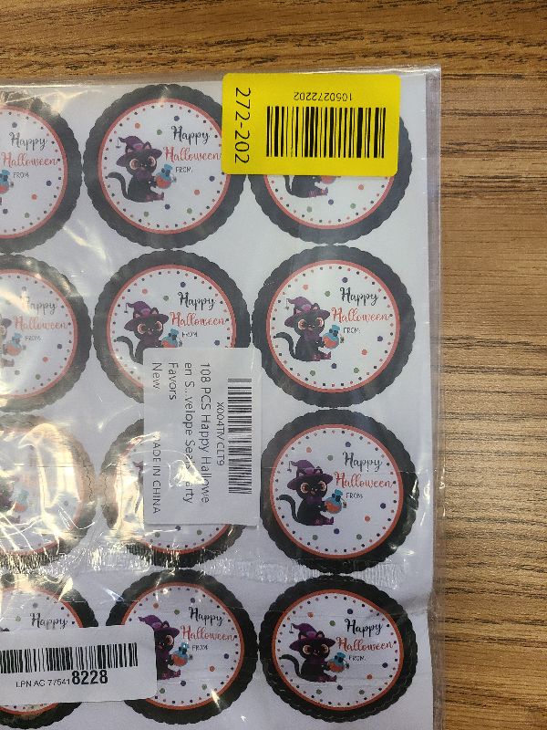 Photo 1 of 108 PCS Happy Halloween Stickers 2 Inch Self Adhesive Name Label Stickers Halloween Black Cat Design Round Spooky Name Tag Sticker for Gift Wrapping Candy Bags Envelope Seals Party Favors