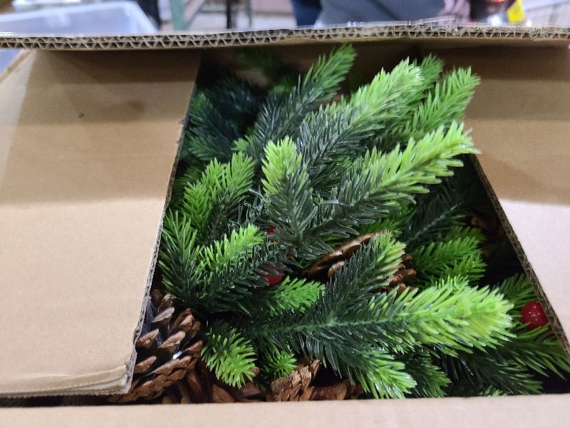 Photo 1 of 2 Pack 24 Inch Tabletop Small Christmas Trees with Lights Timer Realistic-Feel PE Pine 2 Ft Artificial Mini Christmas Tree Battery Operated Red Berries Pinecone Christmas Decoration Indoor Xmas