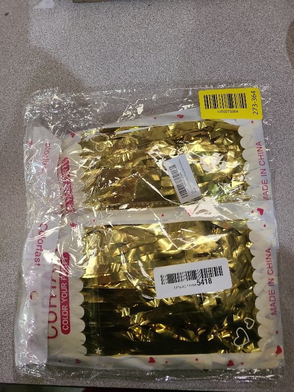 Photo 1 of 2 Pack Gold Fringe Curtain Backdrop Tinsel Streamers Birthday Party Decorations Christmas Photo Booth Backdrop New Year Halloween Graduation Baby Shower Theme Party Decorations