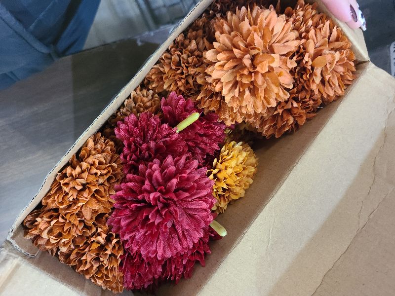 Photo 1 of 12 Pcs Artificial Fall Flowers Faux Mums Burnt Orange Flowers Assorted Fake Silk Mums Chrysanthemums Bouquet Fall Marigold for Vase Table Floral Arrangement for Wedding Home Outdoor Autumn Decorations