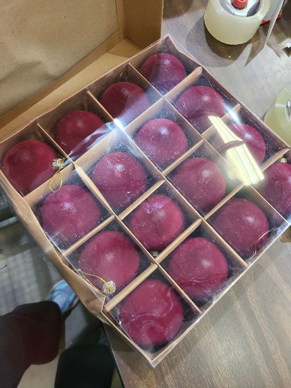 Photo 1 of 16 Pcs Velvet Christmas Tree Ornament Set - 3.15-Inch Flocked Shatterproof Christmas Balls, Bulk Hanging Xmas Baubles for Holiday Parties, Weddings & Home Decoration?Burgundy Red?