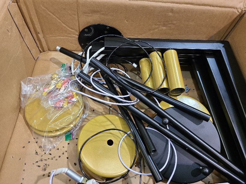 Photo 1 of 21.6" Black and Gold Chandelier,6-Light Geometric Dining Room Fixture,Modern Industrial Foyer Lighting Fixtures,Rustic Farmhouse Hanging Pendant Lights for Living Room,Bedroom,Entryway,Kitchen Island