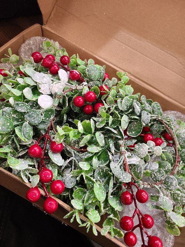 Photo 1 of 12 Pieces Christmas Candle Rings Garland 3.15 Inch Center Pillar Candle Rings Wreaths Red Berry Garland Holders Mini Ring for Wedding Party Living Room Dining Table Decoration