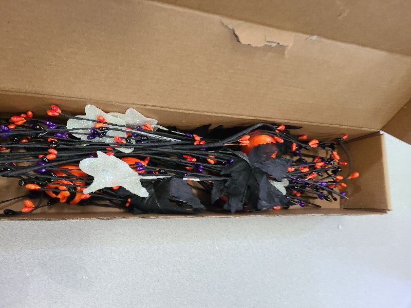 Photo 1 of 12 PCs Spooky Halloween Flowers Artificial 17 Inches Orange Black Floral Stems Gothic Halloween Pumpkin Stems with Ghost Floral Picks for Vase Floral Arrangements Table Centerpieces Decorations