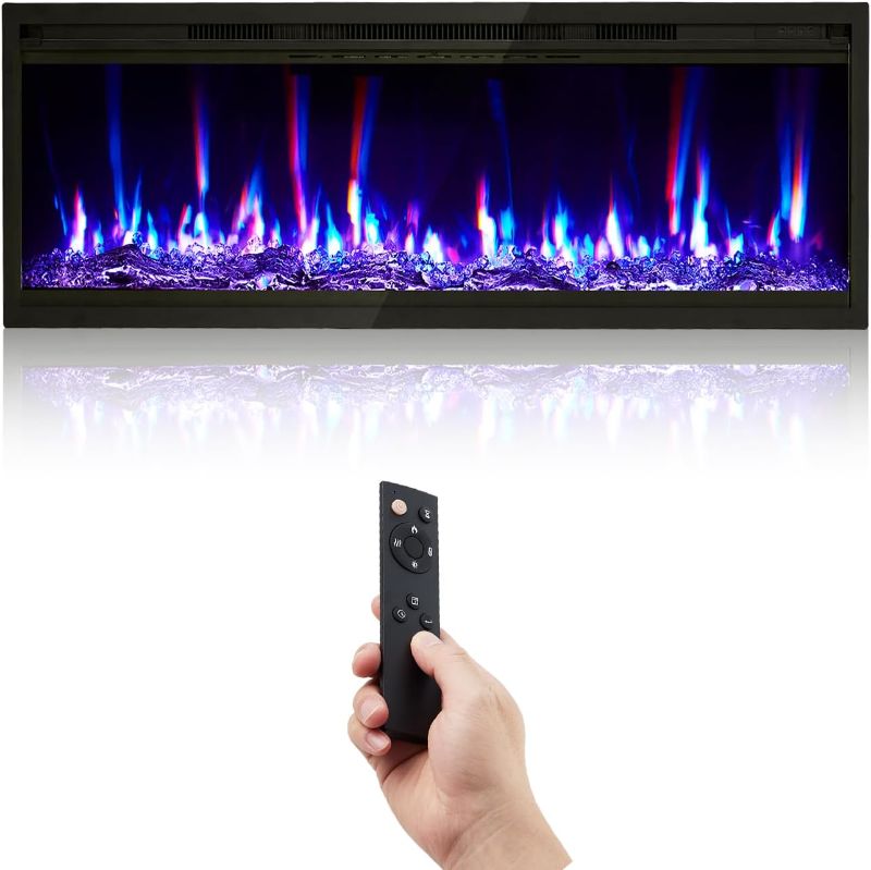 View 1 of **MSRP 129.99** Garvee 42 in Electric Fireplace Inserts, 750/1500W Recessed and Wall Mounted Fireplace Heater with Remote Control, Adjustable Flame Color & Brightness, 9H Timer, Log & Crystal, Black