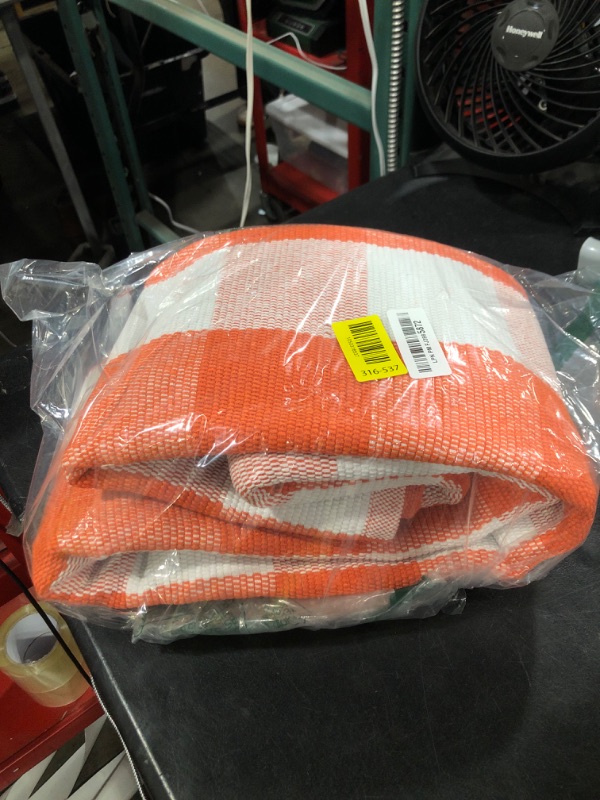 Photo 1 of ???Fall Plaid Area Rug 4x6 Ft, Orange and White Buffalo Check Large Farmhouse Cotton Rug, Hand-Woven Washable Indoor Outdoor Carpet for Halloween Thanksgiving Autumn Porch Patio Decor