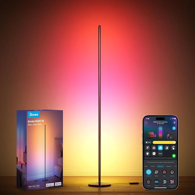 Photo 1 of Govee RGBIC Floor Lamp Basic, LED Corner Lamp Works with Alexa, 1000 Lumen Smart Modern Floor Lamp with Music Sync and 16 Million DIY Colors, Color Changing Standing Lamp for Bedroom Living Room Black
