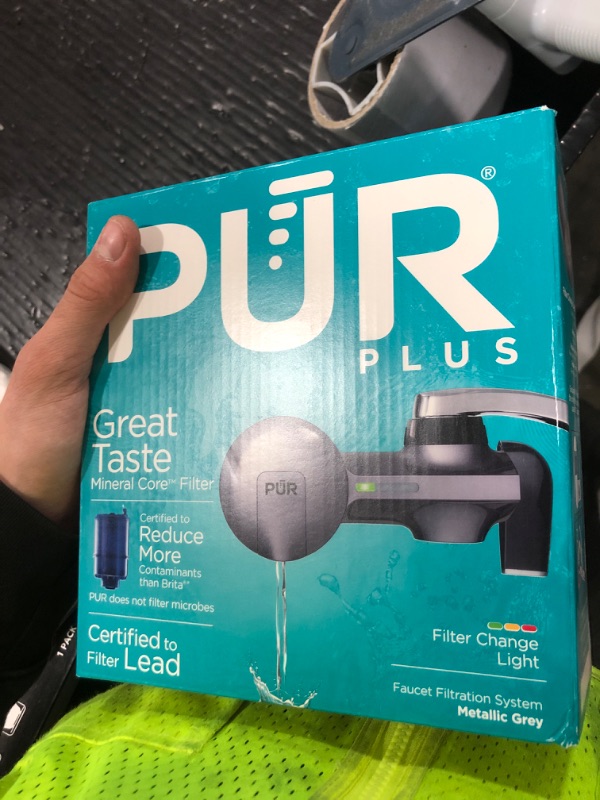 Photo 1 of PUR Plus Horizontal Faucet Mount Filtration System with 3-in-1 Lead Reducing Filter, Water Filter for Sink, Lasts 100 Gallons, Compatible with Sinks with External Aerators, Metallic Grey