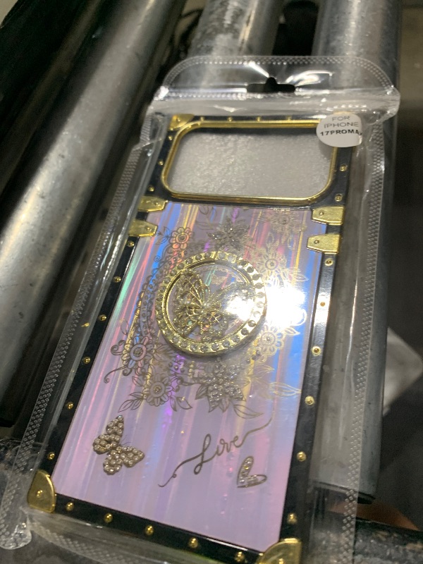 Photo 1 of AuroiCCY For iPhone 17 Pro Max Glitter Case with Kickstand, Cute Bling Diamonds Butterfly Foldable Stand Shockproof Marble Shell Floral Pattern Girl Woman Soft Cover for iPhone 17 Pro Max 6.9", Purple