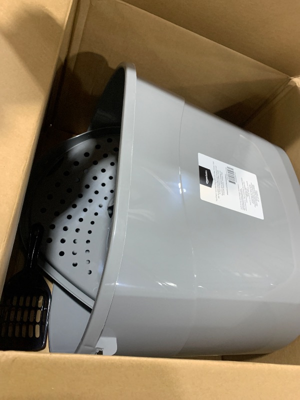 Photo 1 of Amazon Basics Large Cat Litter Box with High Sides, Top Entry, Includes Scoop, 20.5 x 14.75 x 14.38 inches, Grey