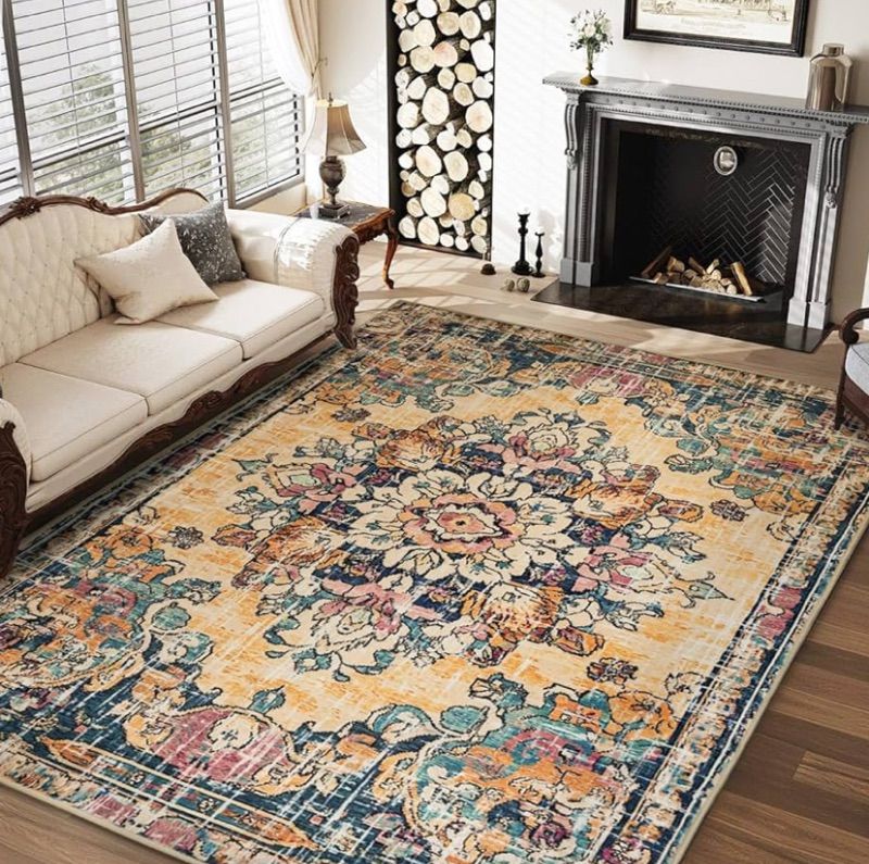 Photo 1 of 5x7 Boho Area Rug for Living Room,Washable Vintage Area Rugs,Low Pile Soft Floor Carpet,Non-Slip Eco-Friendly Large Rug for Bedroom Kitchen Office,Orange&Cream