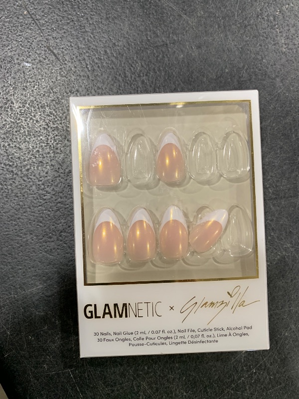 Photo 1 of Glamnetic x GLAMZILLA Press On Nails - GIVE 'EM GRACE | Short Almond Fake French Tip Nails with Gold Glaze, Salon Quality, Everyday| 15 Sizes - 30 Nail Kit with Glue