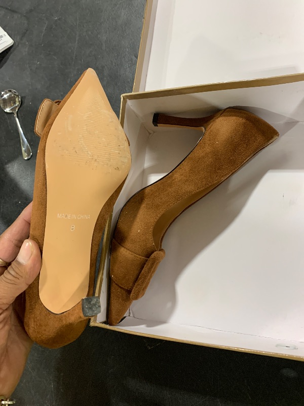 Photo 1 of Fericzot Women's Stiletto High Heel Pumps Wedding Party Closed Classic Dress Heeded Shoes with Square Buckle Brown-Suede 8