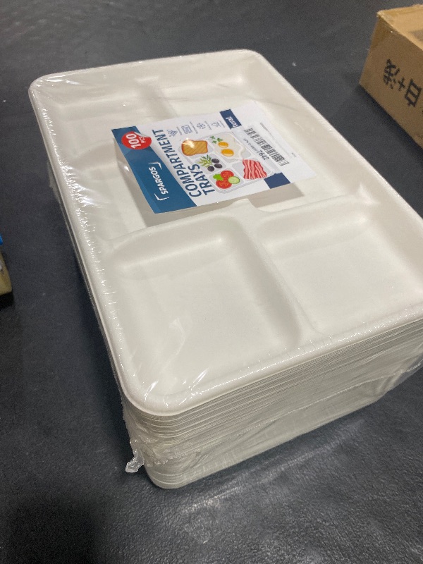 Photo 1 of 5 Compartment Plates Disposable Heavy Duty (100 Pack) Trays 12.5" x 8.6" - Sugarcane School Trays - Disposable Plates with Compartments Sectioned - Environmentally-Friendly Paper Dividers