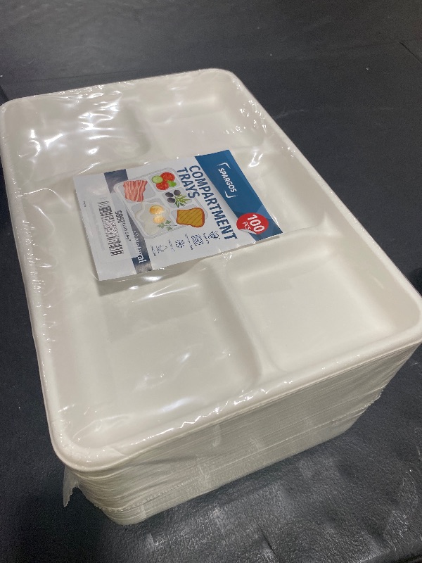 Photo 1 of 5 Compartment Plates Disposable Heavy Duty (100 Pack) Trays 12.5" x 8.6" - Sugarcane School Trays - Disposable Plates with Compartments Sectioned - Environmentally-Friendly Paper Dividers
