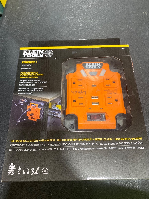 Photo 1 of Klein Tools 29601 Magnetic Power Strip with Surge Protector, Extension Cord, 4 Outlets, 3 USB Ports, 5-Foot Cord, Power Supply Box with Light, PowerBox 1, Heavy Duty