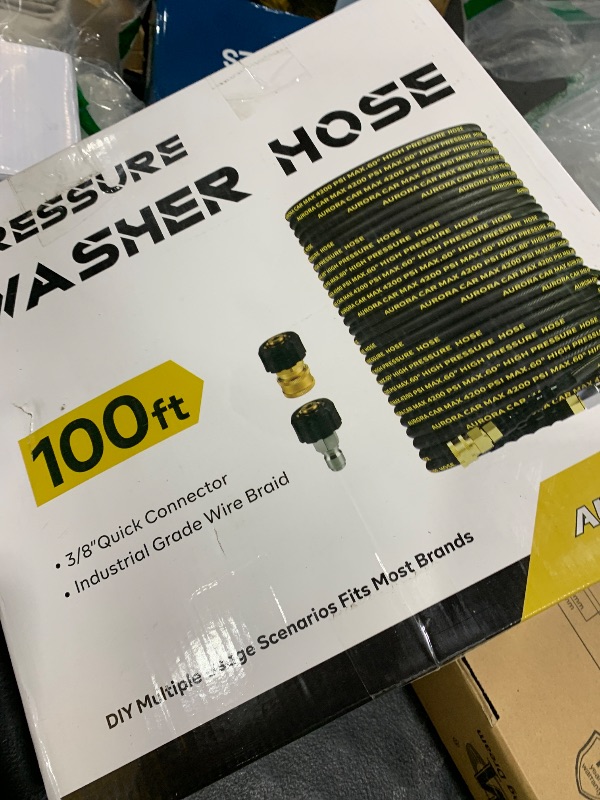 Photo 1 of AURORA CAR Pressure Washer Hose 100FT with 3/8 Inch Quick Connect, Kink Resistant High Tensile Wire Braided, with 2 pcs M22 14mm Adapter Set, 4200 PSI Power Washer Hose