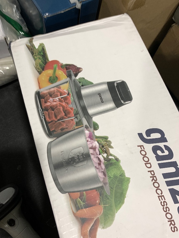 Photo 1 of Ganiza Food Processor, 2-Speed Food Chopper Meat Grinder with 8 Cup Stainless Steel & 8 Cup Glass Bowls, Upgraded Button & Smart Overheat Protection Light - Includes Clean Brush, 2 Sets of Blades