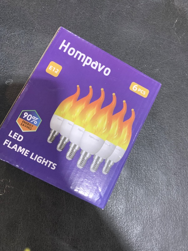 Photo 1 of Hompavo ?Upgraded? LED Flame Light Bulbs, 3 Modes Flickering Light Bulbs, E12 Chandelier Base Candle Fire Light Bulb for Halloween Christmas Party Porch Indoor & Outdoor Home Decoration - 6 Pack