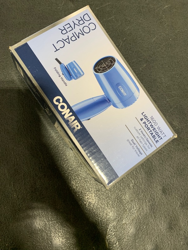 Photo 1 of Conair Travel Hair Dryer with Dual Voltage, 1600W Compact Blow Dryer with Folding Handle, Blue