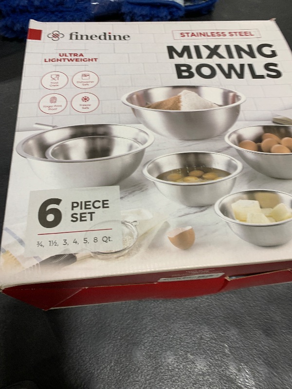 Photo 1 of FineDine Stainless Steel Mixing Bowls Set, Dishwasher Safe, Up To 8 Quart Metal Mixing Bowls For Kitchen, Nesting, Large, Small, Big Food Prep, Cooking, Baking