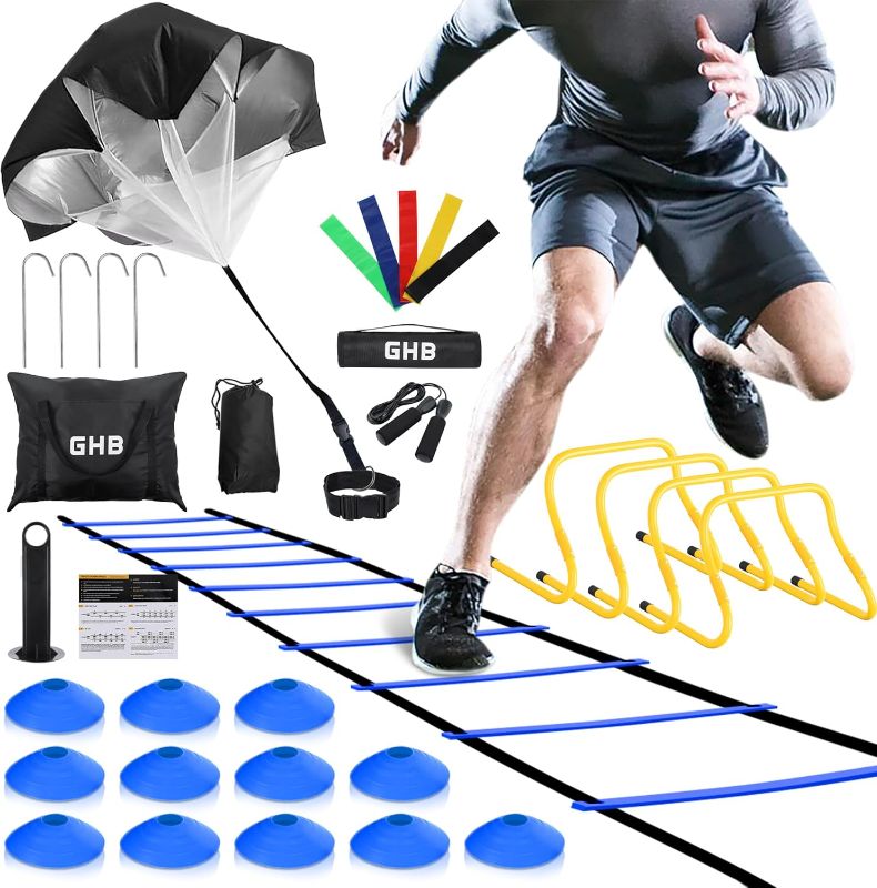 Photo 1 of GHB Agility Ladder,Football Training Equipment Set,4 Agility Hurdles, 20 feet12 Rungs Speed Ladder,12 Disc Cones,Resistance Parachute, Jump Rope, 5 Resistance Bands