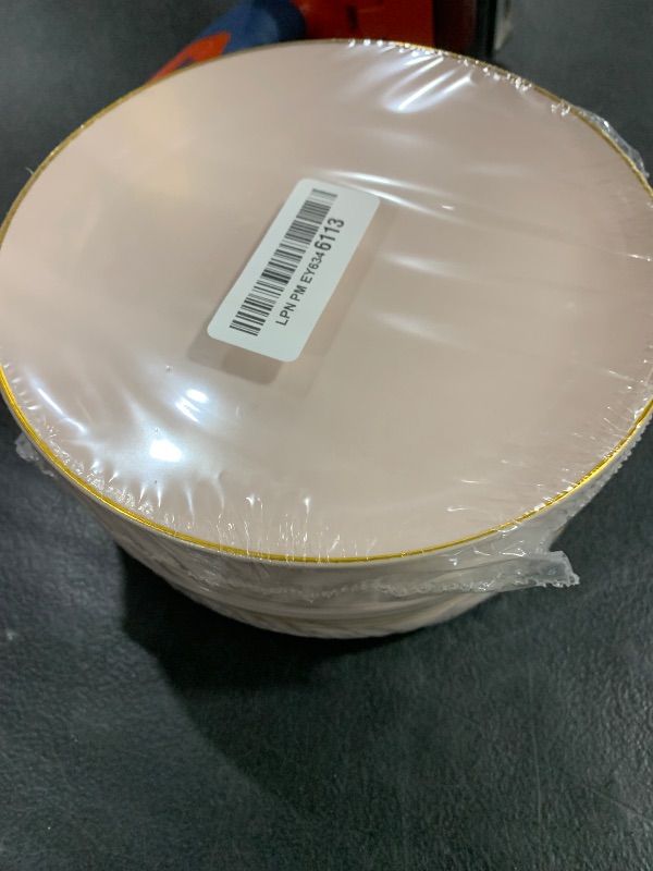 Photo 1 of PULOTE 100PCS Pink Plastic Plates - Heavy Duty Pink and Gold Disposable Plates for Party, Wedding & Mother’s Day, Include 50 Dinner Plates and 50 Dessert Plates