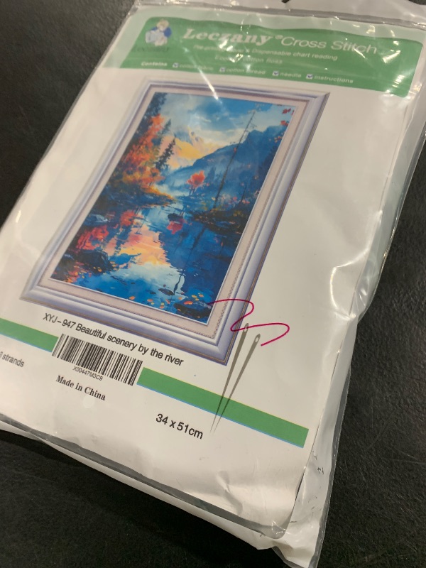 Photo 1 of Leczany Cross Stitch Stamped Kits for Adults or Kids Patterns Craft Kit Starter Needlepoint Full Range of Embroidery for Beginner 11CT 3 Strands | Beautiful Scenery by The River 13.4×20.1 inches