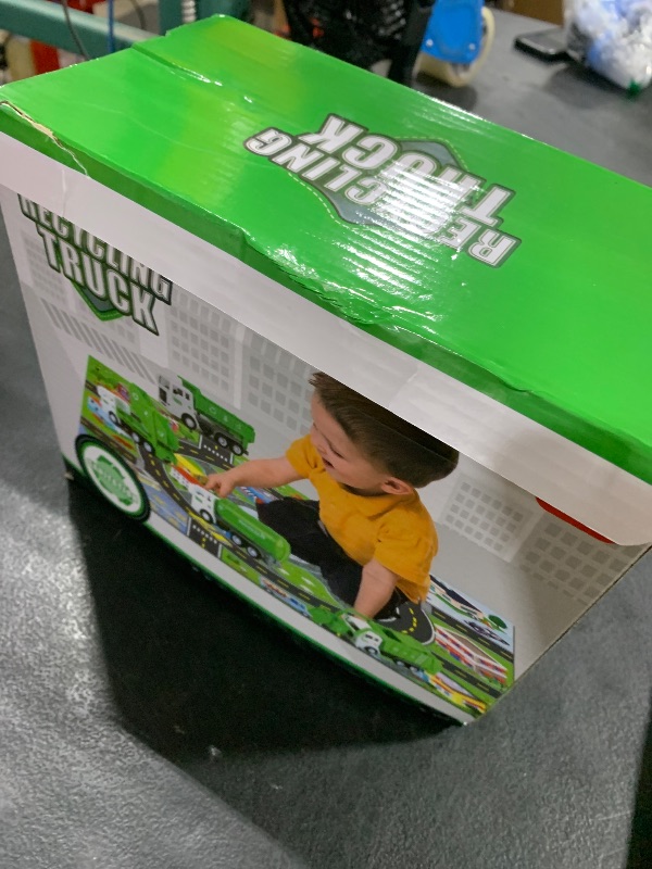 Photo 1 of Garbage Truck Toys for Boys, 4 pcs 6" Friction Powered Trash Truck with Kids Playmat Car Rug, 8 pcs Roadblock Signpost, 4 Trash Bins with 108 pcs Trash Cards, Toy Gift for 3+ Years Old Kid