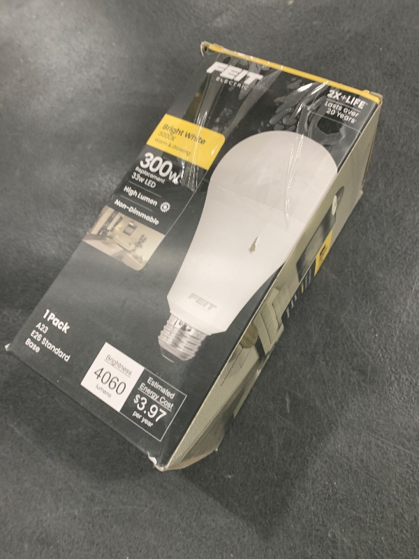 Photo 1 of Feit Electric A23 LED Light Bulb, 300W Equivalent, Non-Dimmable, 4060 Lumens, E26 Standard Base, 3000k Bright White, High Output LED Bulb, Damp Rated, 22 Year Lifetime, OM300/830/LED