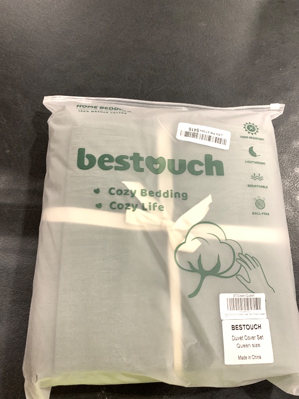 Photo 1 of BESTOUCH Duvet Cover Set 100% Washed Cotton Linen Feel Super Soft Comfortable Chic Lightweight 3 PCs Home Bedding Set Solid Green Queen