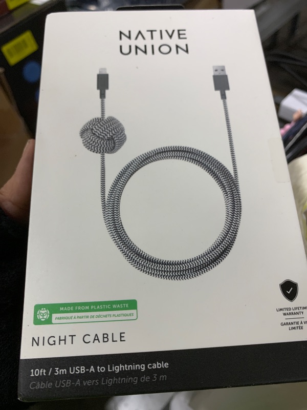 Photo 1 of Native Union Night Cable - 10ft Ultra-Strong Reinforced [MFi Certified] Durable Lightning to USB-A Charging Cable with Weighted Knot Compatible with for iPhone 14, iPhone 13 and Earlier (Zebra)