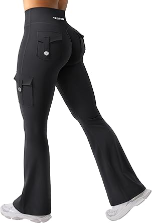 Photo 1 of YEOREO CoreFlex Women Workout Flare Leggings with Pockets Hidden Scrunch High Waisted Cargo Gym Yoga No Front Seam Leggings (M)
