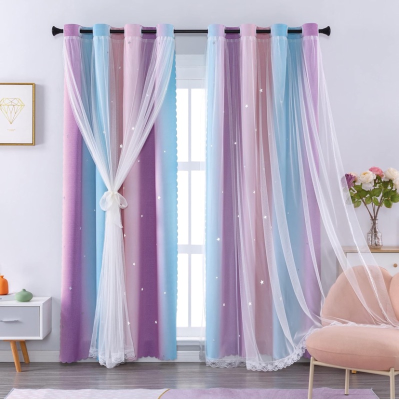 Photo 1 of XiDi Blackout Curtains for Girls Bedroom Decor 63 inches Long Window Curtains Colorful Rainbow Design 2 Panel Sets, Kids Room Unicorn Princess Theme Home Decor Ombre Drapes Pink/Purple W34 X L63