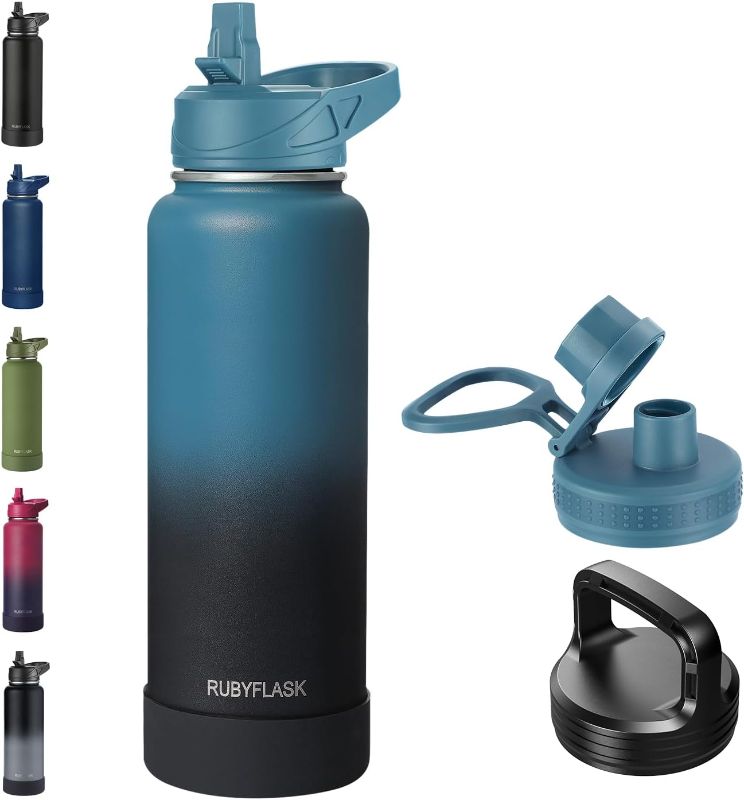 Photo 1 of 40oz Insulated Water Bottle with Straw, Stainless Steel Metal Vacuum Water Flask, Large Thermal Water bottle with Leakproof 3 Lids for Travel, Camping, Gym Sports Indigo Black
