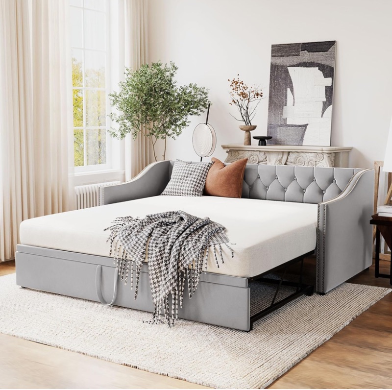 Photo 1 of Twin Size Upholstered Daybed with Pop Up Trundle, Twin to King Size Day Bed, Trundle Can Be Flat Or Erected, Extendable Daybed Frame for Kids Teens 