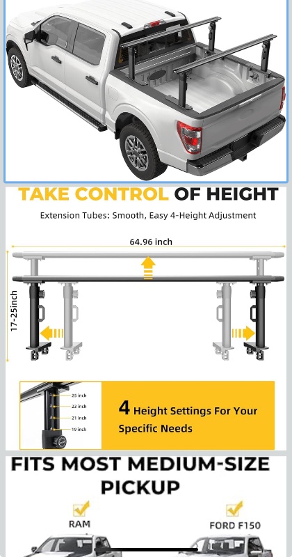 Photo 1 of Ladder Rack for Truck, 800 LBS Capacity Truck Bed Rack?19"-25" Height-Adjustable Aluminum Truck Ladder Racks?Fit for Large-Size Pickup Ford F150/Ram 1500/Chevy Silverado/Sierra No Bed Rails
